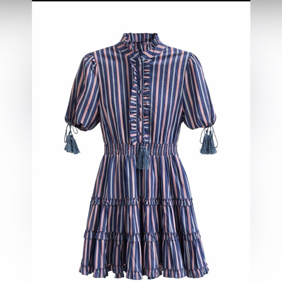 The Shirt by Rochelle Behrens Dresses & Skirts - The Shirt by Rochelle Behrens Blue and Pink Striped Ruffle Tiered Mini Dress